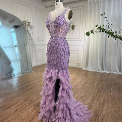 Serene Hill Pink Mermaid High Split Evening Dresses Feather Beaded Gowns Long 2025 For Women Wedding Party LA72152 Customized