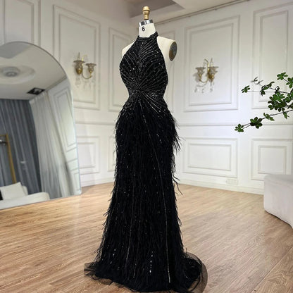 Serene Hill Dubai Halter Beige  Feathers Beaded Formal Luxury Mermaid Evening Dresses For Women Wedding Party 2025 LA70623A