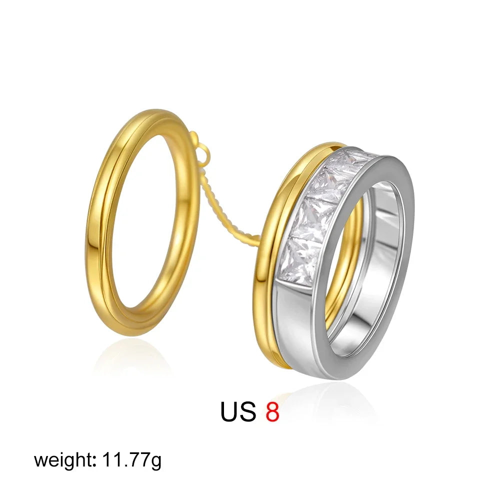Fashion CZ Zircon Stainless Steel Double Layer Chain Ring for Women Gold Plated Tassel Link Ring Hip Hop Jewelry Waterproof