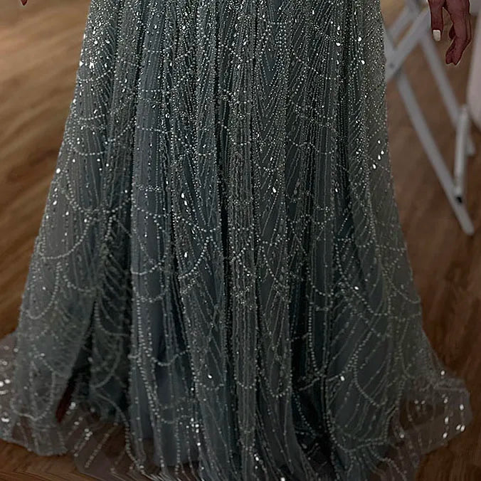 Luxury Olive Green Long Sleeve Beaded A Line Evening Gown for Wedding Party Prom Serene Hill 2025 Customized LA72738B Plus Size