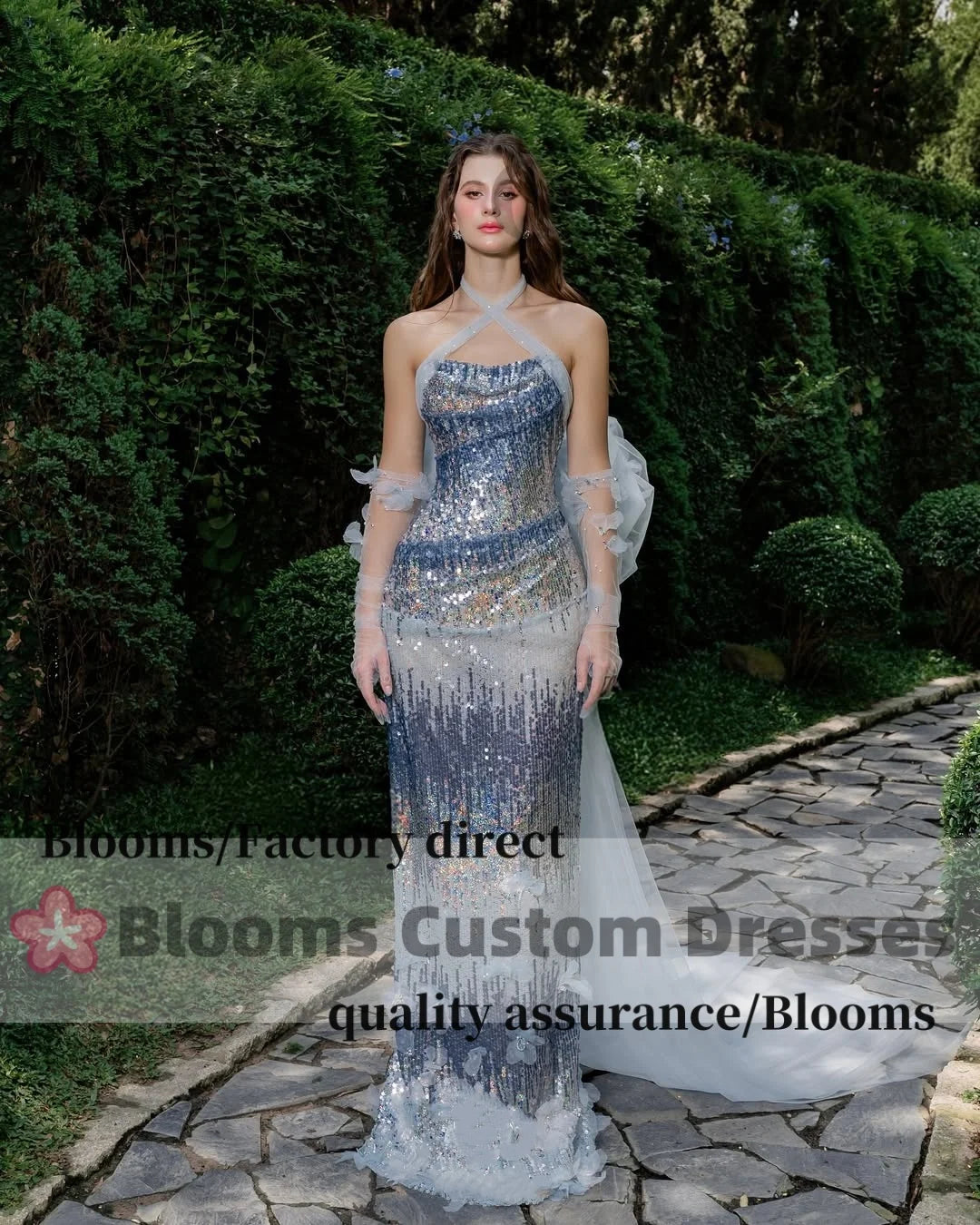 Blooms Customized Sequins Shiny Luxury Evening Dresses For Prom Bow Flowers Gloves Party Gown robes invitée mariage