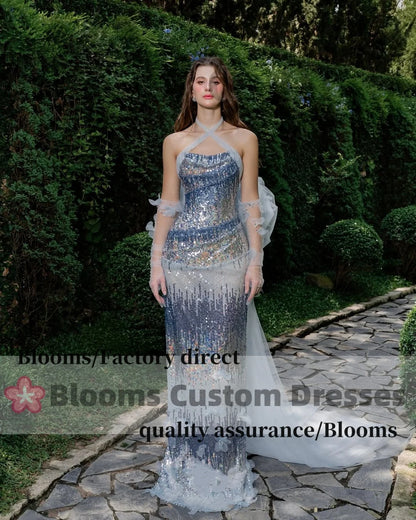 Blooms Customized Sequins Shiny Luxury Evening Dresses For Prom Bow Flowers Gloves Party Gown robes invitée mariage