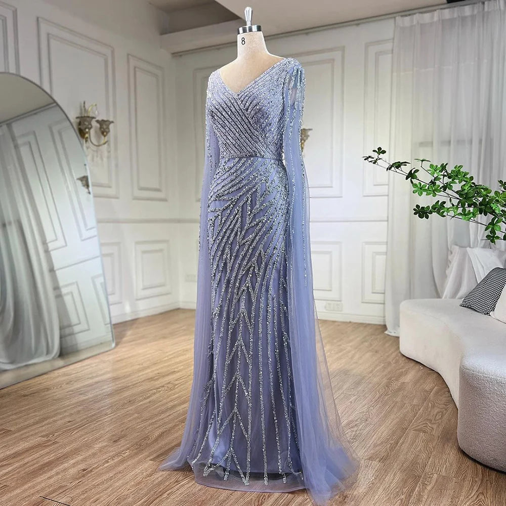 Serene Hill Arabic Mermaid Blue Beaded  Cape   Evening Dress Gown  2025 LA71493A Customized