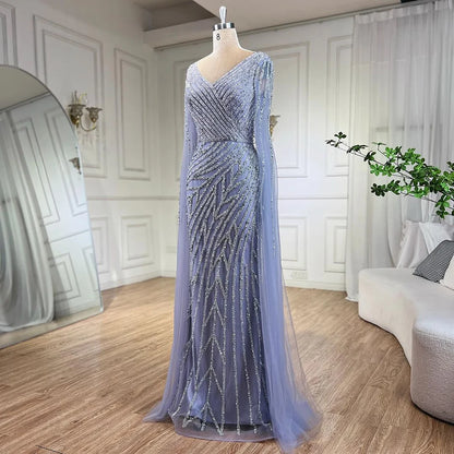 Serene Hill Arabic Mermaid Blue Beaded  Cape   Evening Dress Gown  2025 LA71493A Customized