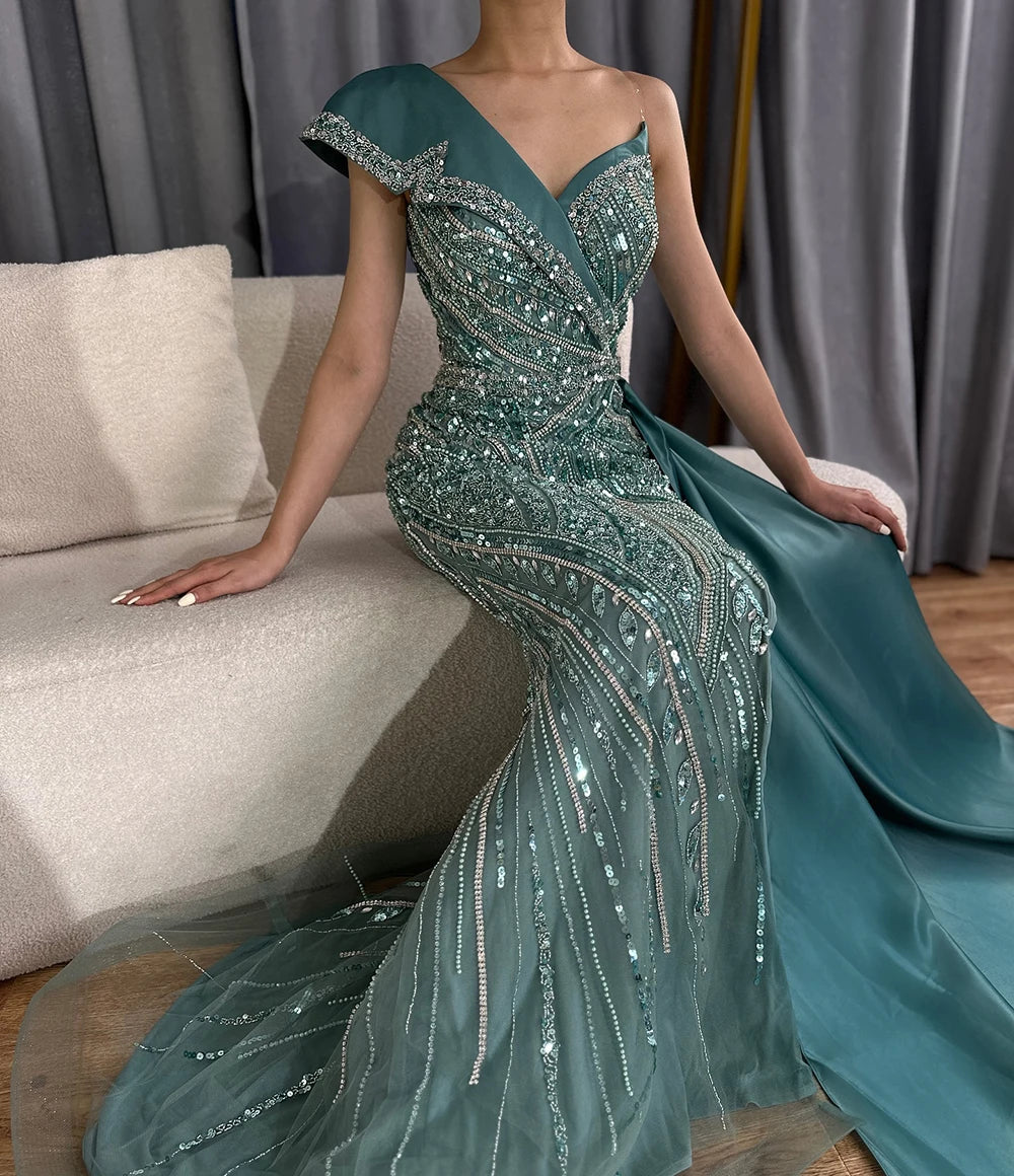 2025 Arabic Turquoise Beaded Evening Dresses  Dubai Elegant One Shoulder  Wedding Party Gowns LA72335  Customized
