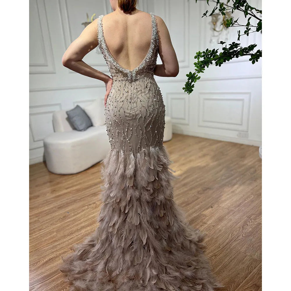 Serene Hill Pink Mermaid High Split Evening Dresses Feather Beaded Gowns Long 2025 For Women Wedding Party LA72152 Customized