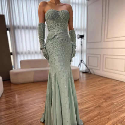Turquoise Strapless Beaded Mermaid Evening Dress with Gloves Prom Gown Serene Hill 2025 Customized LA72933