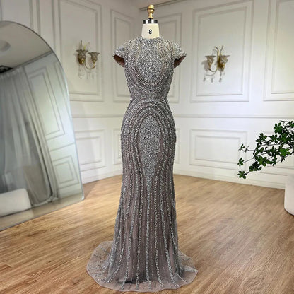 2025 Arabic Dubai Gray Nude Mermaid Floor Length Beaded Luxury Evening Dresses Gowns For Wedding Party LA72344 Customized
