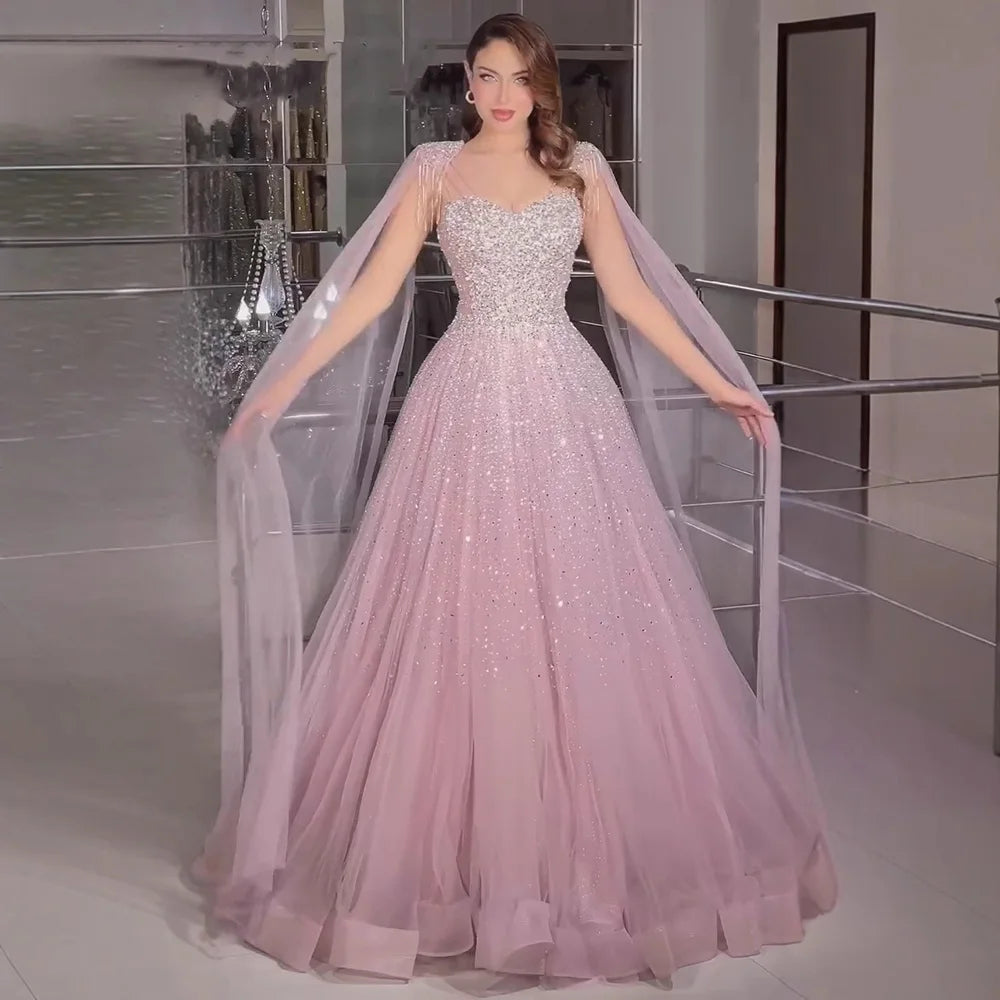 Luxury Pink Tulle Beaded A-Line Evening Dress with Cape Sleeves for Women Prom Serene Hill 2025 Customized Gown LA73072