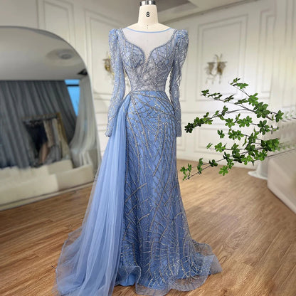 Serene Hill Muslim Gold Mermaid Beaded  Dubai Evening Dresses Gowns With Overskirt 2025 For  Party LA72206 Customized