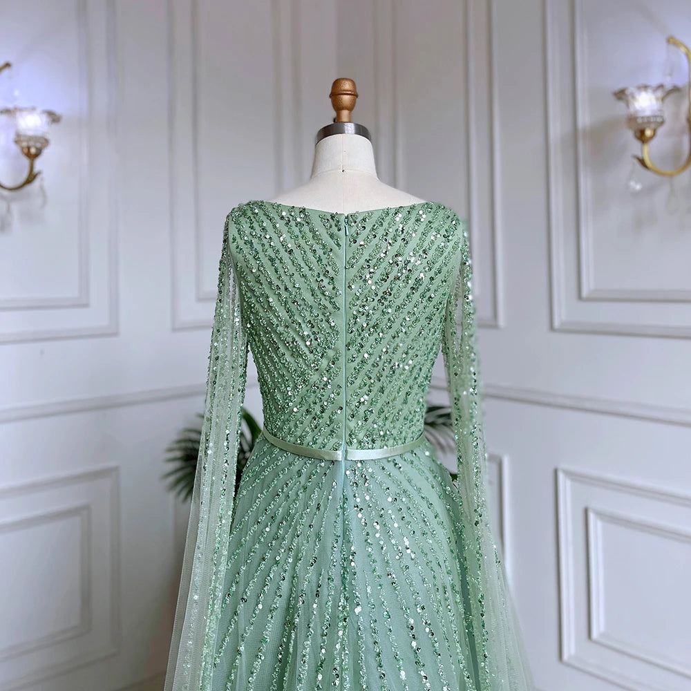 Serene Hill Mint Cape Sleeves A Line Beaded  Dubai Evening Dresses Long 2025 Celebrity Gowns For  Party LA71865 Customized