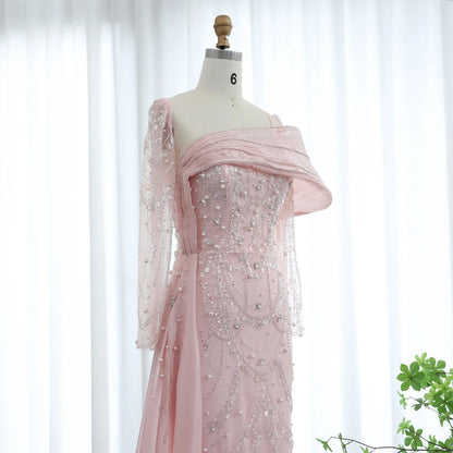 Sharon Said Nude Luxury Crystal Mermaid Evening Dress with Overskirt Long Sleeve Dubai Wedding Formal Prom Gown SS256 Customized