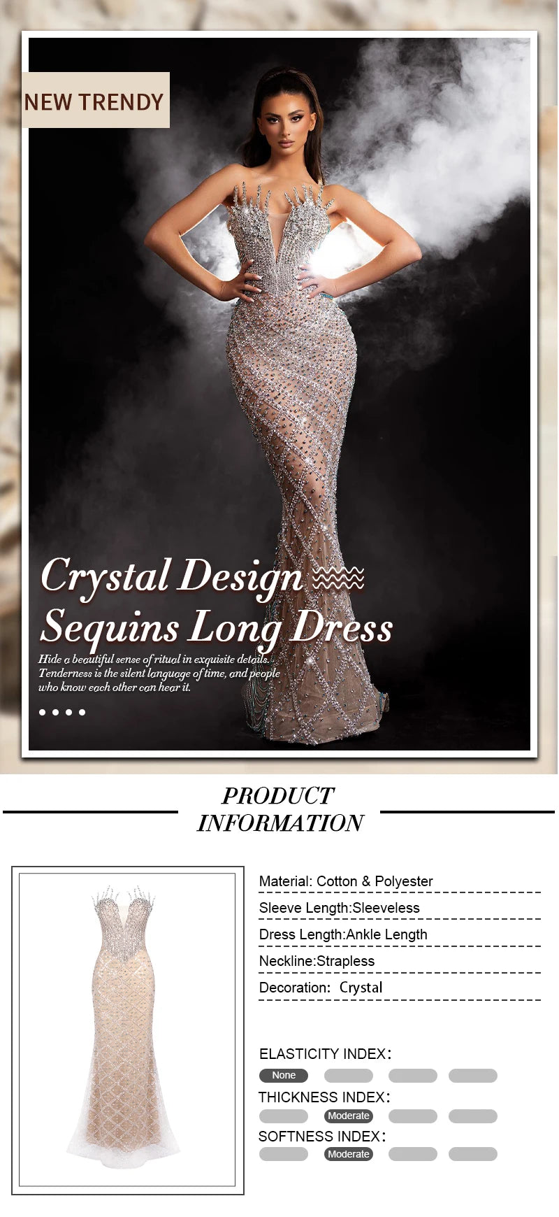 VC Fashion Silver Sequin Strapless Mermaid Dress Gown with Crystal Accents for Luxury Award Ceremonies