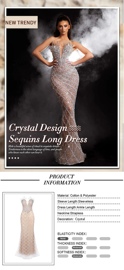 VC Fashion Silver Sequin Strapless Mermaid Dress Gown with Crystal Accents for Luxury Award Ceremonies