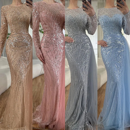 Serene Hill Caramel Beaded Mermaid Long Arabic Evening Dresses Gowns With Overskirt for Formal Occasion 2025 LA71673A Customized