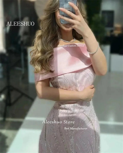 Aleeshuo Baby Pink Sparkly Sequin Evening Dresses Lace Off Shoulder Sleeves Ankle Length Saudi Arabic Lady Party Gown Customized