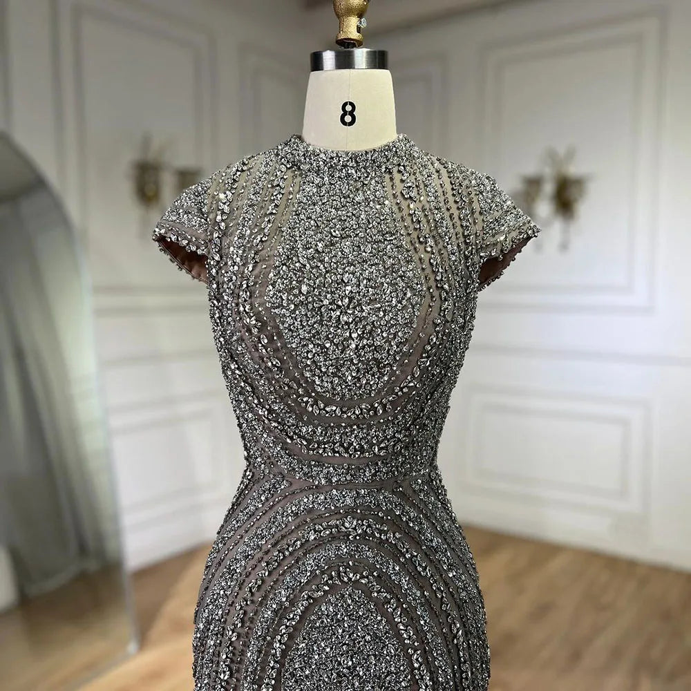 2025 Arabic Dubai Gray Nude Mermaid Floor Length Beaded Luxury Evening Dresses Gowns For Wedding Party LA72344 Customized