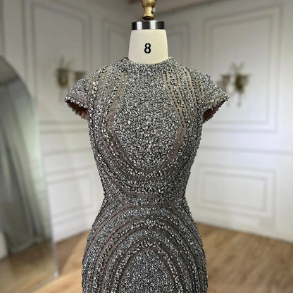 2025 Arabic Dubai Gray Nude Mermaid Floor Length Beaded Luxury Evening Dresses Gowns For Wedding Party LA72344 Customized