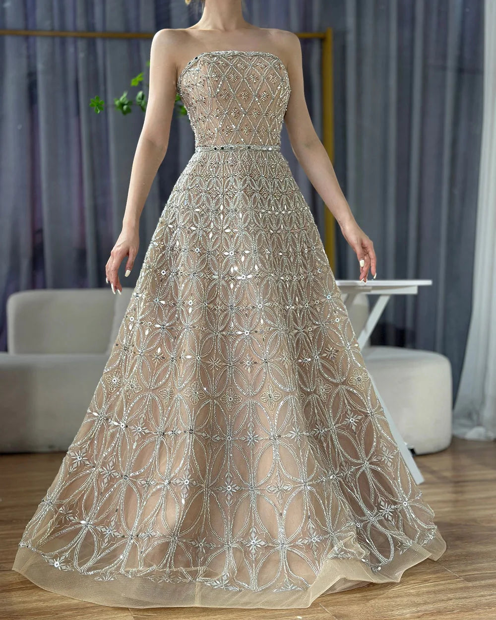 Serene Hill 2025 Customized Arabic Gray A Line Beaded Long Evening Dresses Gowns For Occasion LA72755