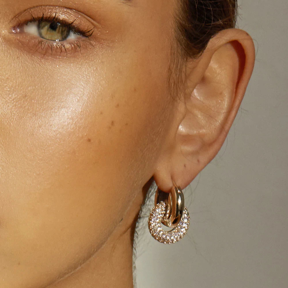 Punk Circle Pendant Shiny Rhinestone Stainless Steel Drop Earrings Bilayer Oval Round Rust Proof Party Zircon Huggie Jewelry New