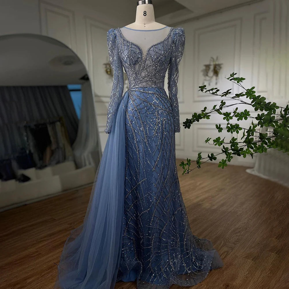 Serene Hill Muslim Gold Mermaid Beaded  Dubai Evening Dresses Gowns With Overskirt 2025 For  Party LA72206 Customized