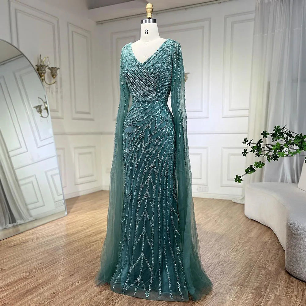 Serene Hill Arabic Mermaid Blue Beaded  Cape   Evening Dress Gown  2025 LA71493A Customized
