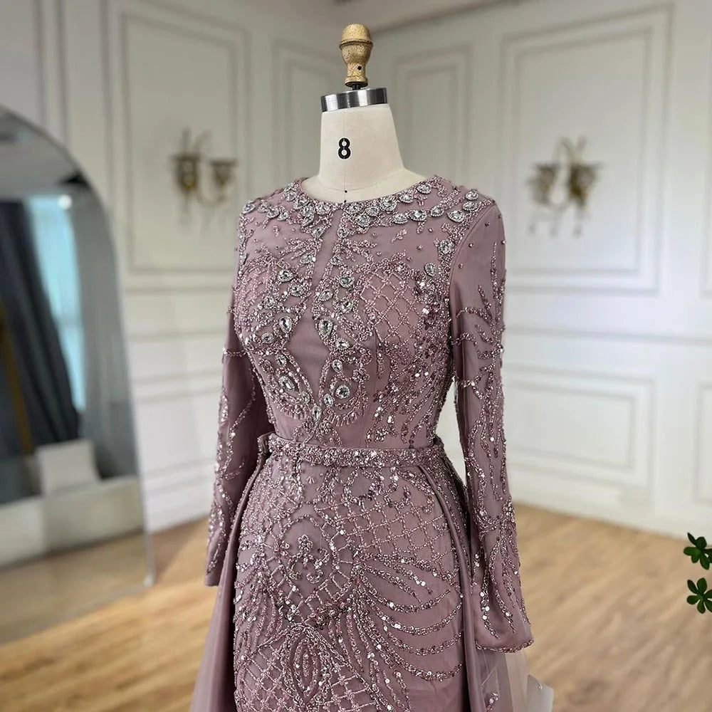 Serene Hill Muslim Silver Nude Mermaid Gown with Detachable Overskirt Beaded Evening Dress for Women Wedding Party 2025 LA71919