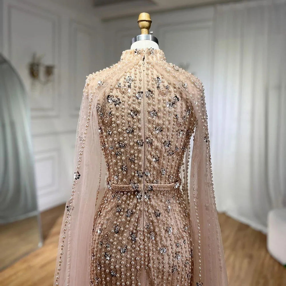Muslim Nude Mermaid Cape Sleeves Pearls Beaded Luxury Dubai Evening Dresses Gowns 2025 Wedding Party LA72372 Customized
