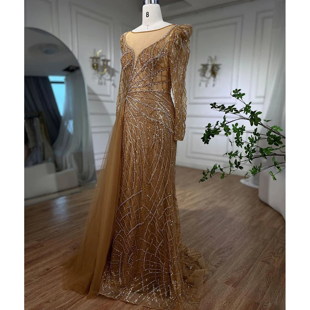 Serene Hill Muslim Gold Mermaid Beaded  Dubai Evening Dresses Gowns With Overskirt 2025 For  Party LA72206 Customized