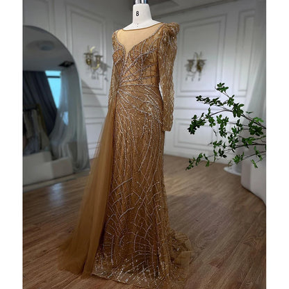 Serene Hill Muslim Gold Mermaid Beaded  Dubai Evening Dresses Gowns With Overskirt 2025 For  Party LA72206 Customized