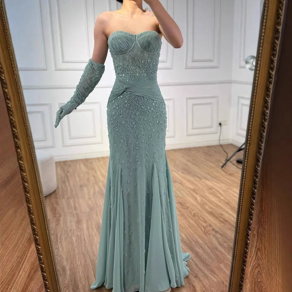 Turquoise Strapless Beaded Mermaid Evening Dress with Gloves Prom Gown Serene Hill 2025 Customized LA72933
