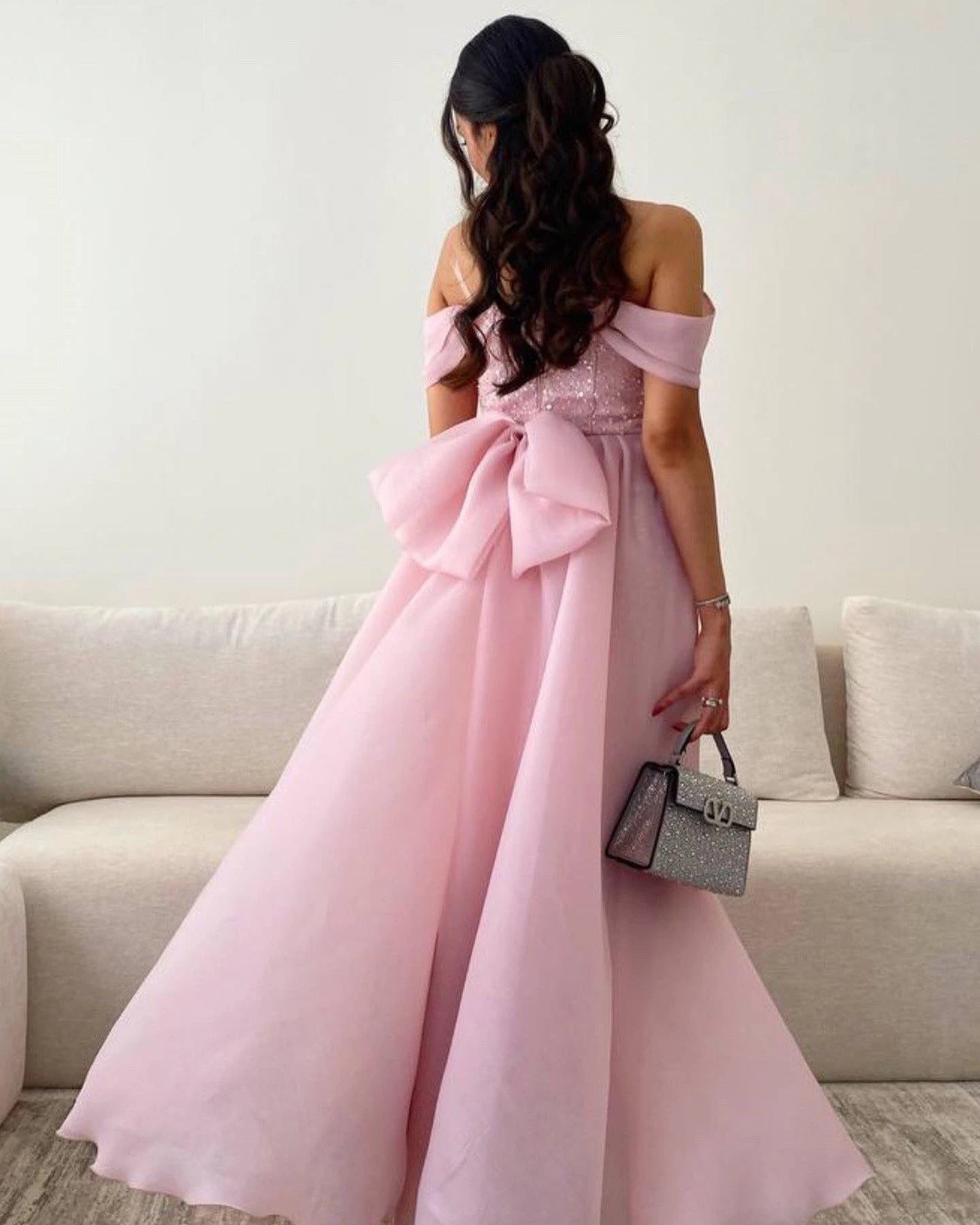 Pink Sequins Evening Dress Women Elegant Satin Off The Shoulder With Bow Bridal Formal Long Ball Gowns Trend Pageant Dress