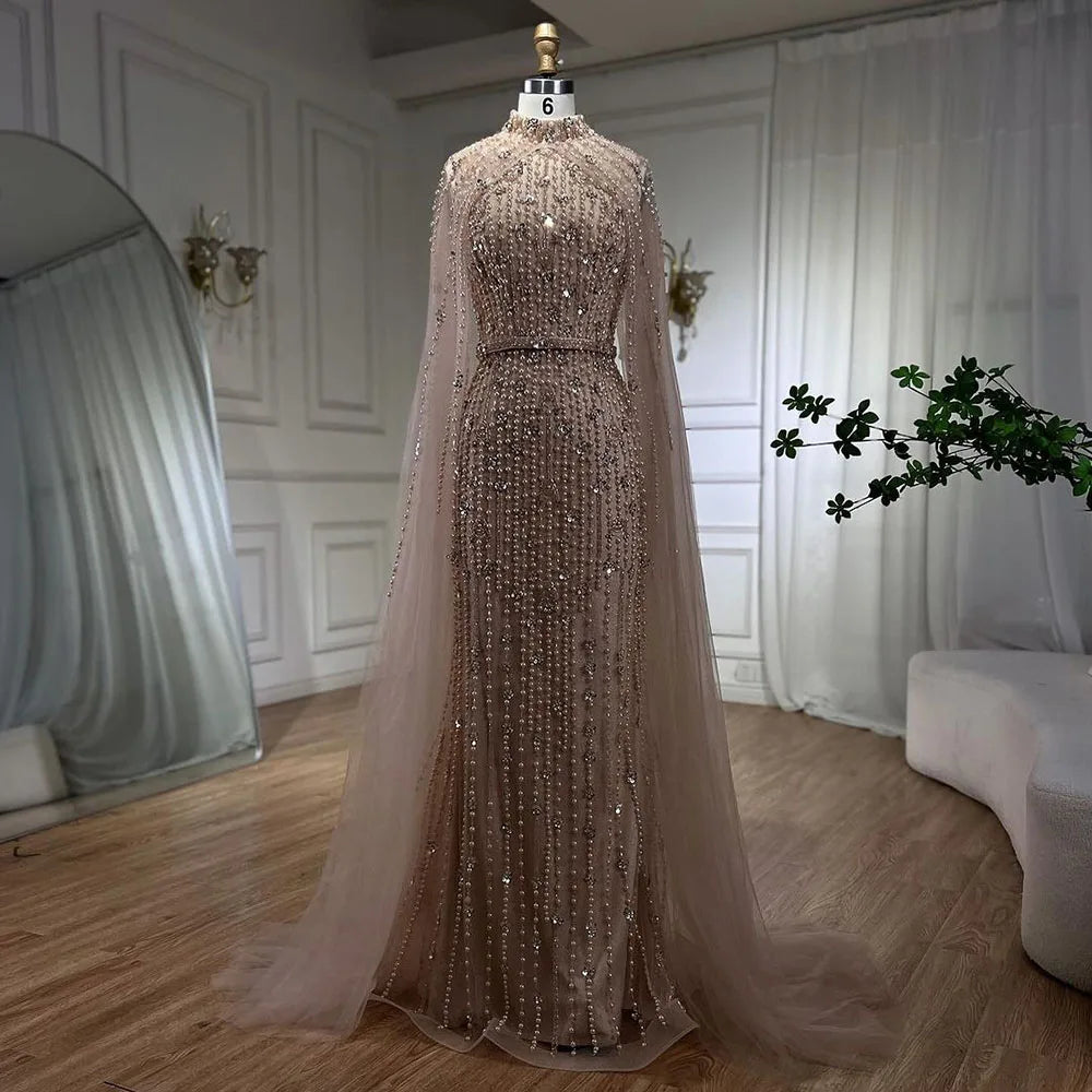 Muslim Nude Mermaid Cape Sleeves Pearls Beaded Luxury Dubai Evening Dresses Gowns 2025 Wedding Party LA72372 Customized