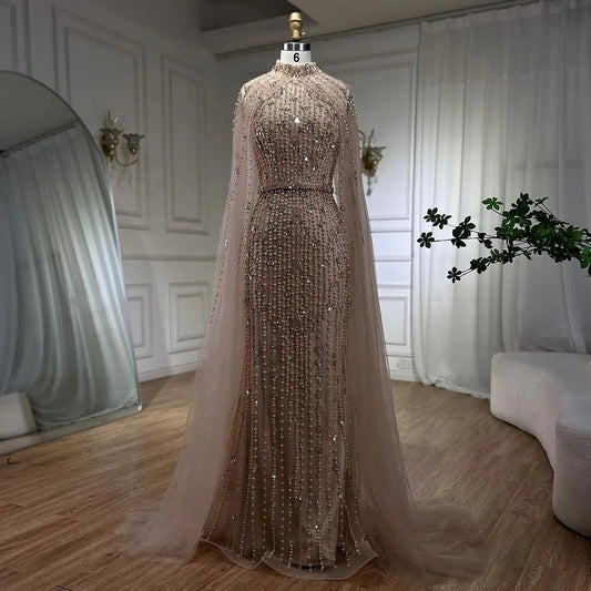 Muslim Nude Mermaid Cape Sleeves Pearls Beaded Luxury Dubai Evening Dresses Gowns 2025 Wedding Party LA72372 Customized