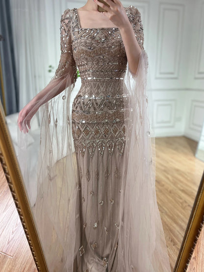 2025 Caramel With Beaded Cape Sleeves Design Mermaid Long Evening Dresses Gowns For Women's Wedding Party LA72355A Customized