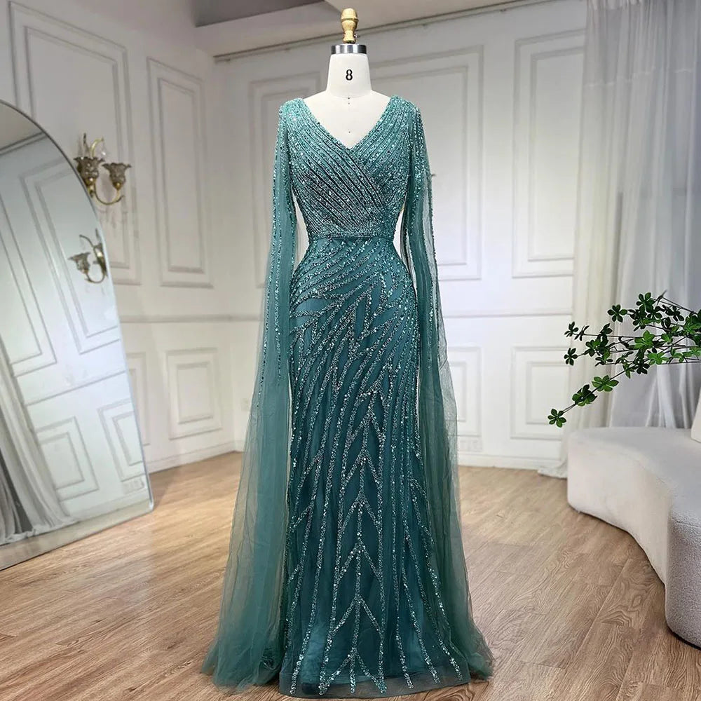 Serene Hill Arabic Mermaid Blue Beaded  Cape   Evening Dress Gown  2025 LA71493A Customized