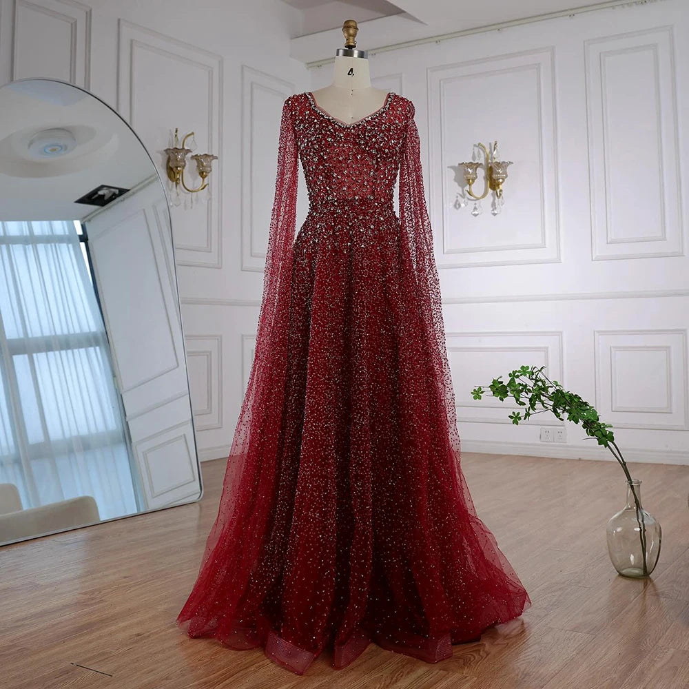 Serene Hill 2025 Customized Saudi Arabic Caramel Beaded Cape Sleeves A Line Evening Dresses For Formal Occasion LA72147A