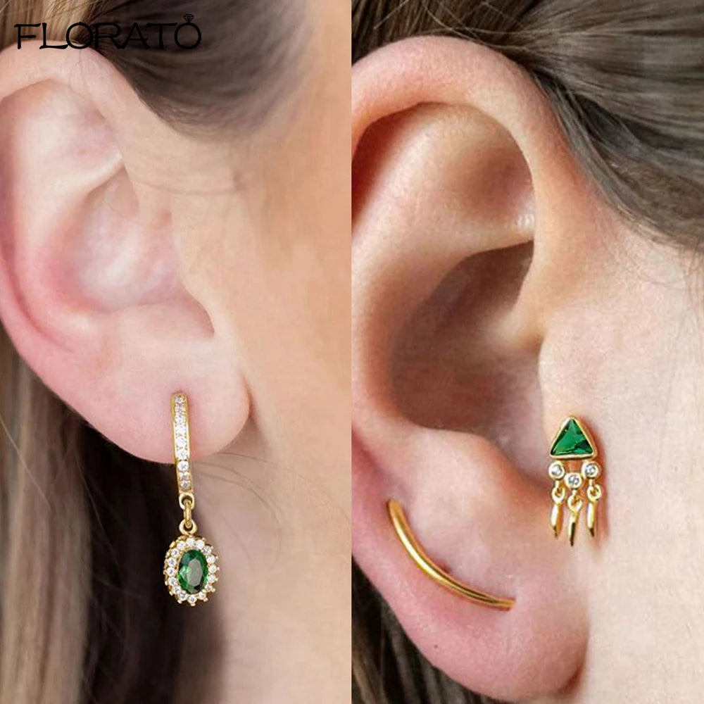 925 Sterling Silver Needle Luxury Green Zircon Pendant Earrings Trend Gold Color Small Hoop Earrings for Women Fashion Jewelry