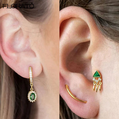 925 Sterling Silver Needle Luxury Green Zircon Pendant Earrings Trend Gold Color Small Hoop Earrings for Women Fashion Jewelry