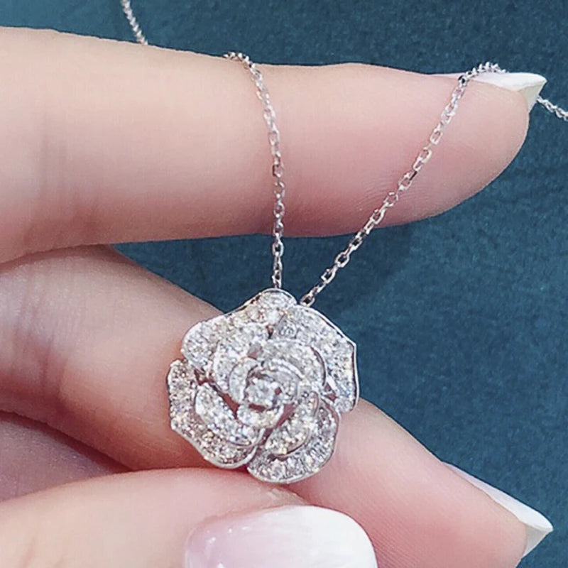 Huitan Aesthetic Crystal Flower Pendant Necklace for Women Luxury Paved Dazzling Cubic Zirconia Wedding Party Statement Jewelry