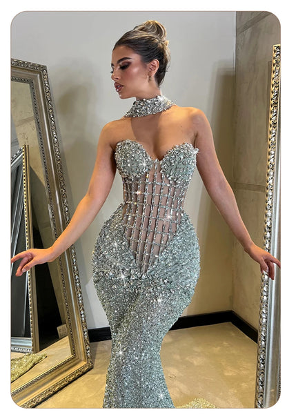 VC Glamorous Silver Sequin Sleeveless Strapless Mermaid Dress for Galas Party Wedding Evening Gown