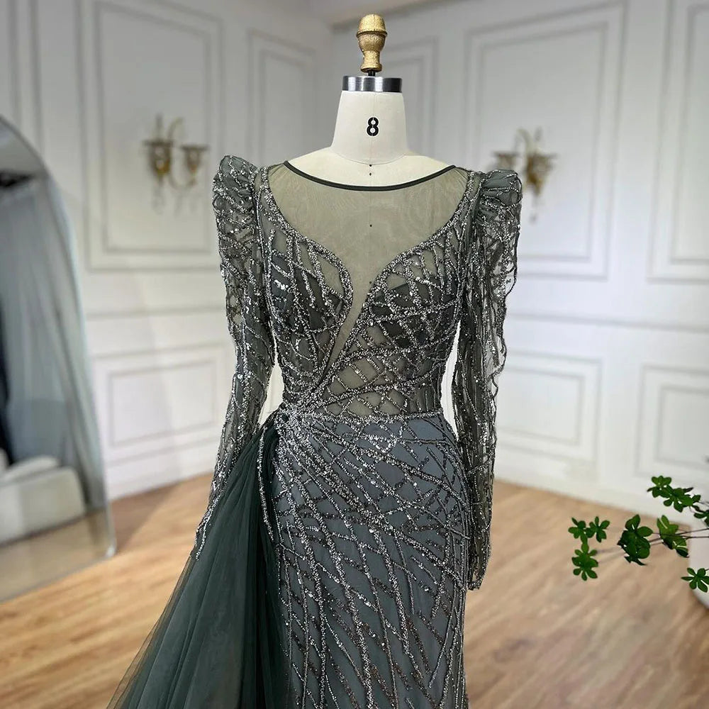 Serene Hill Muslim Gold Mermaid Beaded  Dubai Evening Dresses Gowns With Overskirt 2025 For  Party LA72206 Customized