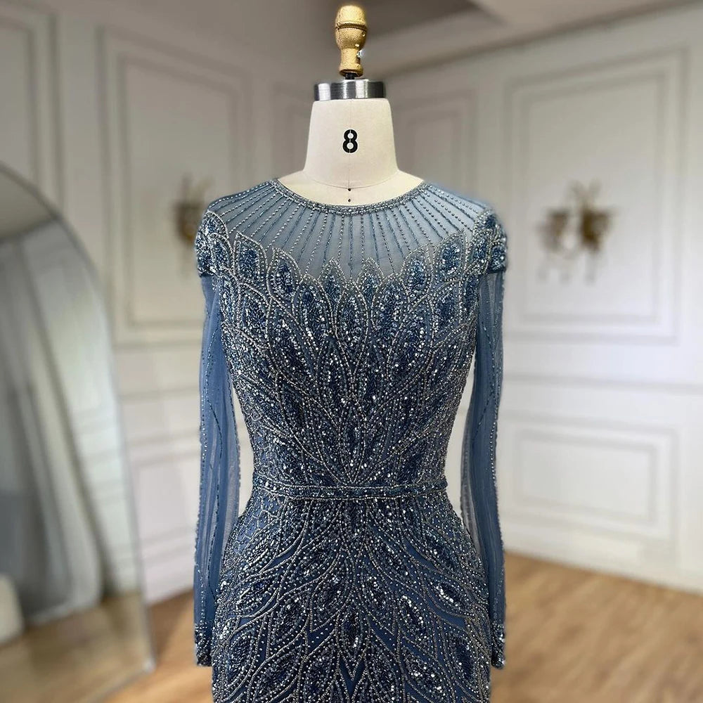 Serene Hill Muslim Blue Mermaid Luxury Beaded Dubai Long Evening Dresses Gowns for  Party 2025 LA71999L Customized