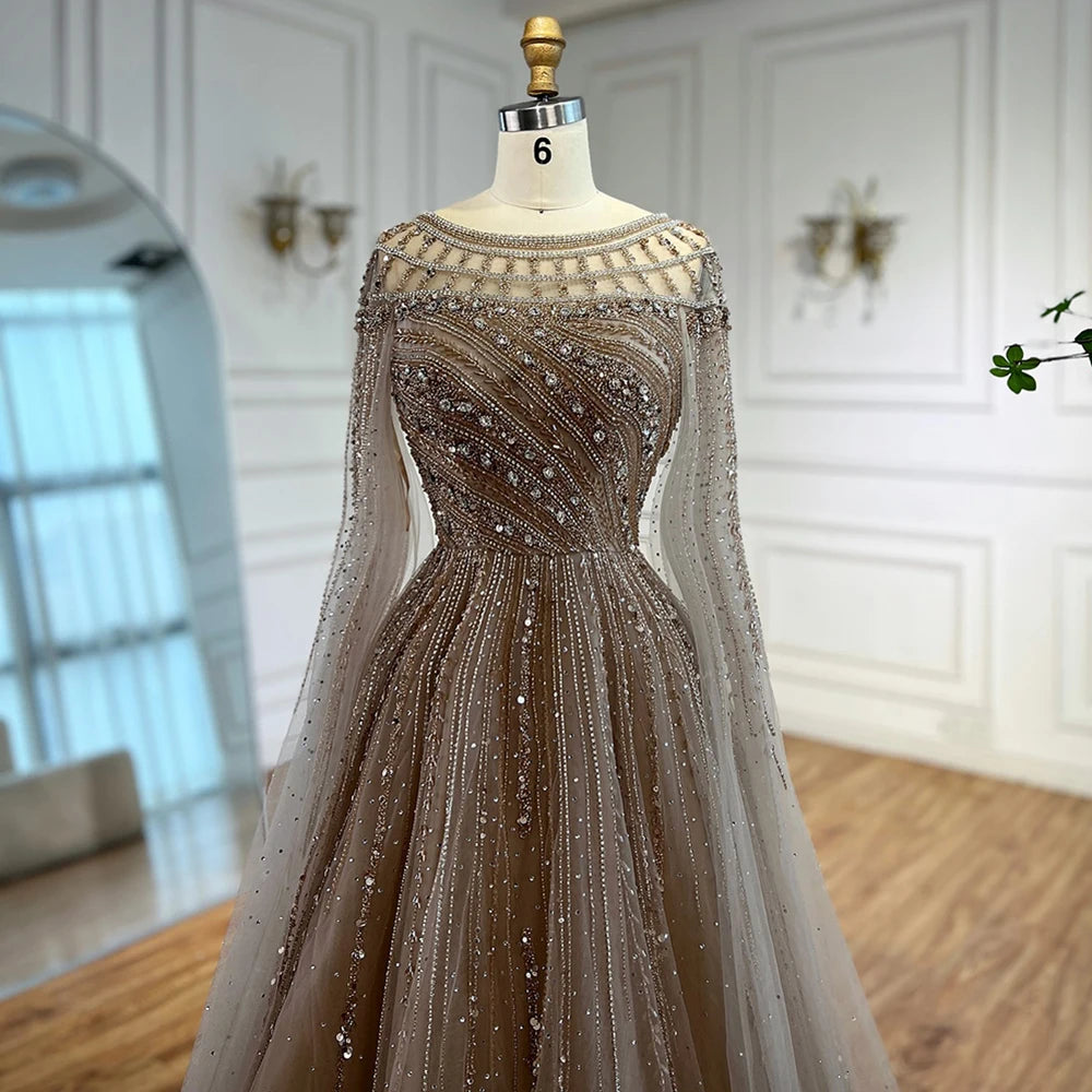 Luxury Caramel Evening Dress with Cape Long Sleeve Beaded Formal Gown for  Occasion Serene Hill 2025 LA72994 Customized