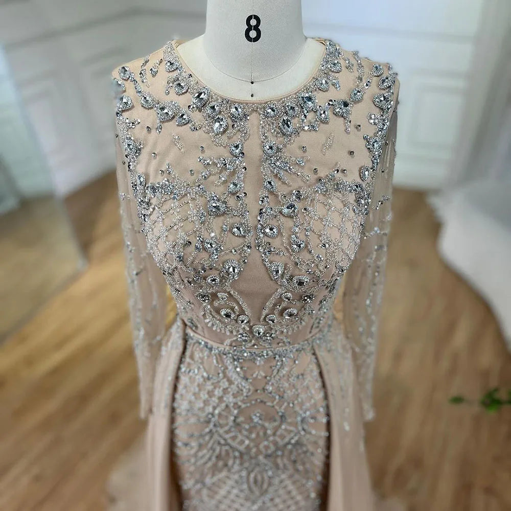 Serene Hill Muslim Silver Nude Mermaid Gown with Detachable Overskirt Beaded Evening Dress for Women Wedding Party 2025 LA71919