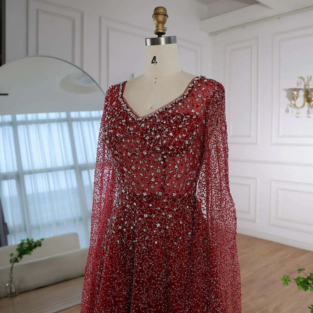 Serene Hill 2025 Customized Saudi Arabic Caramel Beaded Cape Sleeves A Line Evening Dresses For Formal Occasion LA72147A