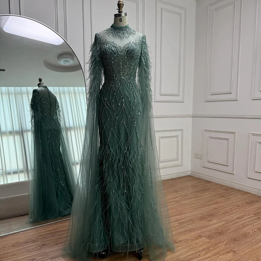 Nude Feather Evening Dress for Women High Neck Cape Sleeve Luxury Beaded Formal Gown Serene Hill 2025 Customized LA71885C