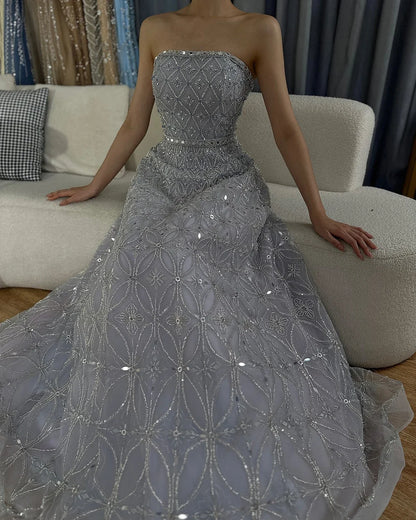 Serene Hill 2025 Customized Arabic Gray A Line Beaded Long Evening Dresses Gowns For Occasion LA72755