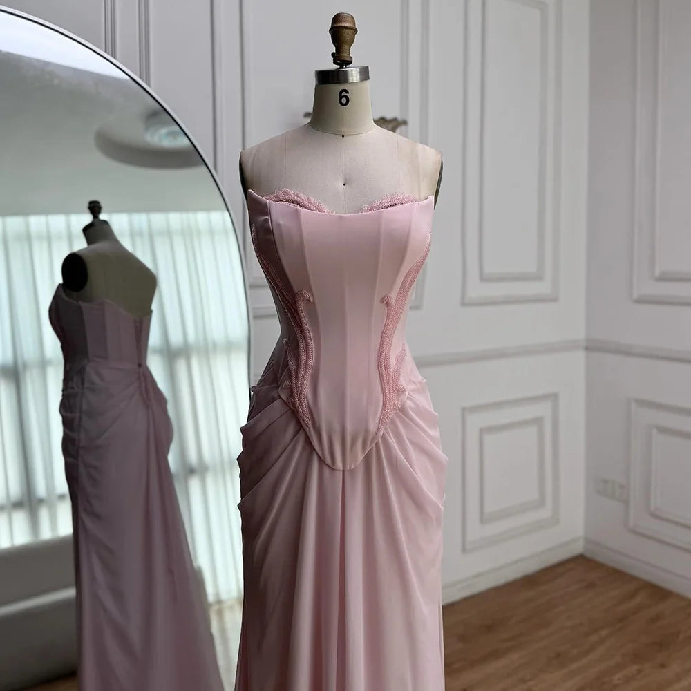 Serene Hill 2025 Customized Pink Strapless Draped Satin Evening Dress with Rose Neck Detail for Formal Party LA72946