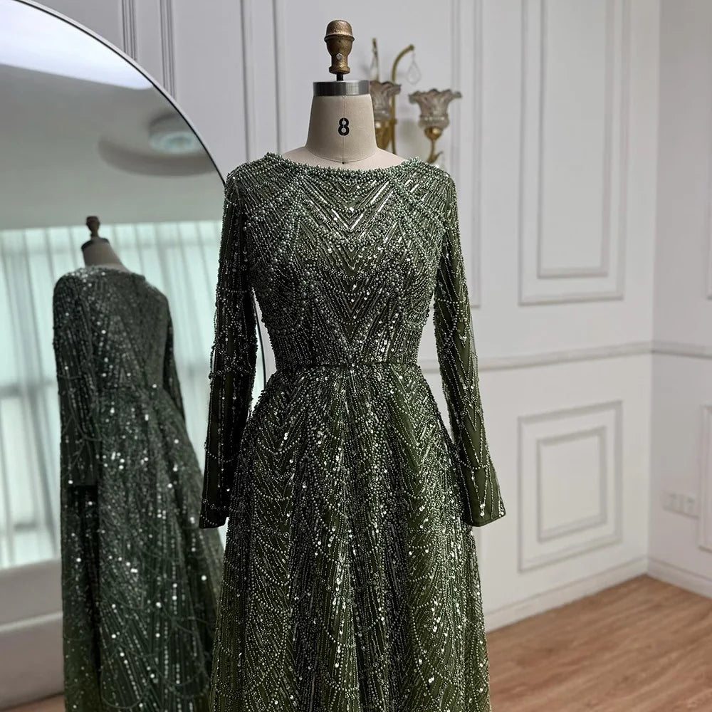 Luxury Olive Green Long Sleeve Beaded A Line Evening Gown for Wedding Party Prom Serene Hill 2025 Customized LA72738B Plus Size
